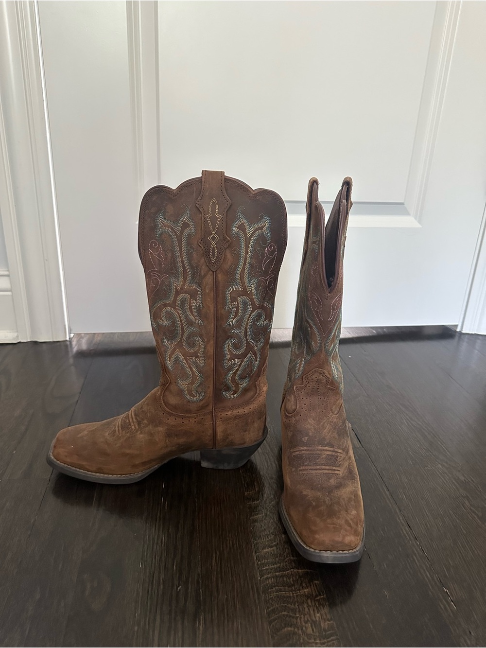 Justin Boots Brown Suede Western Cowboy Boots with Turquoise Stitching